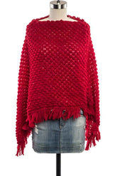 Women's Red Popcorn Knit Fringe Poncho | Zarnesh