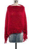 Women's Red Popcorn Knit Fringe Poncho | Zarnesh