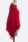Women's Red Popcorn Knit Fringe Poncho | Zarnesh