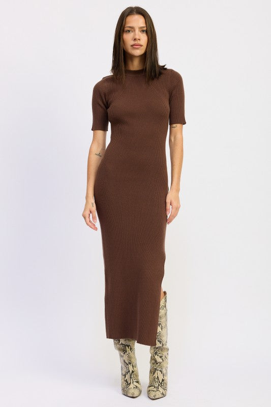 Women's Ribbed Knit Slit Midi Sweater Dress | Zarnesh