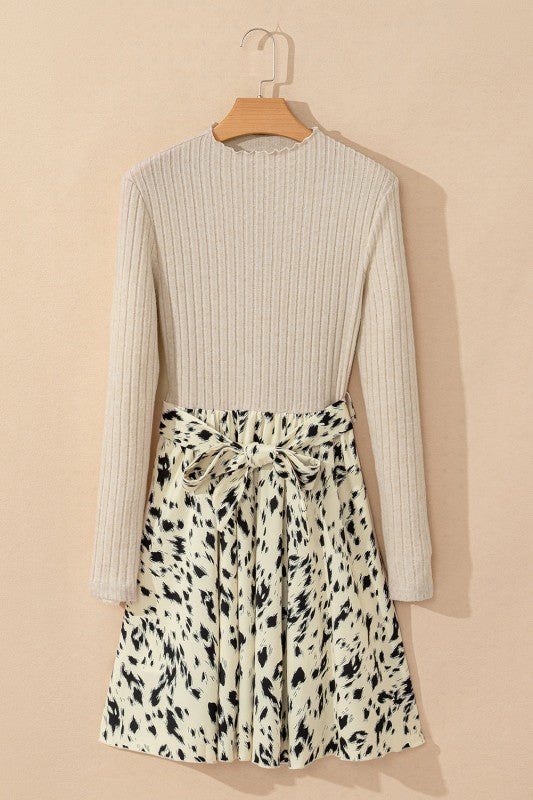 Women’s Ribbed Leopard Patchwork Knit Belted Dress | Zarnesh