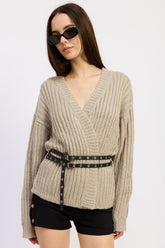 Women’s Ribbed Wrap Pullover Belted Waist Cardigan Sweater | Zarnesh