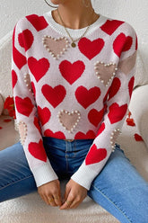 Women’s Round Neck Heart Shape Pearl Beads Sweater | Zarnesh