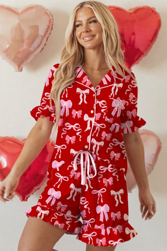 Women's Ruffle Valentine Bow Print Shirt Shorts Pajama Set | Zarnesh