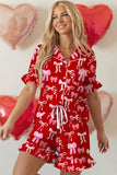 Women's Ruffle Valentine Bow Print Shirt Shorts Pajama Set | Zarnesh