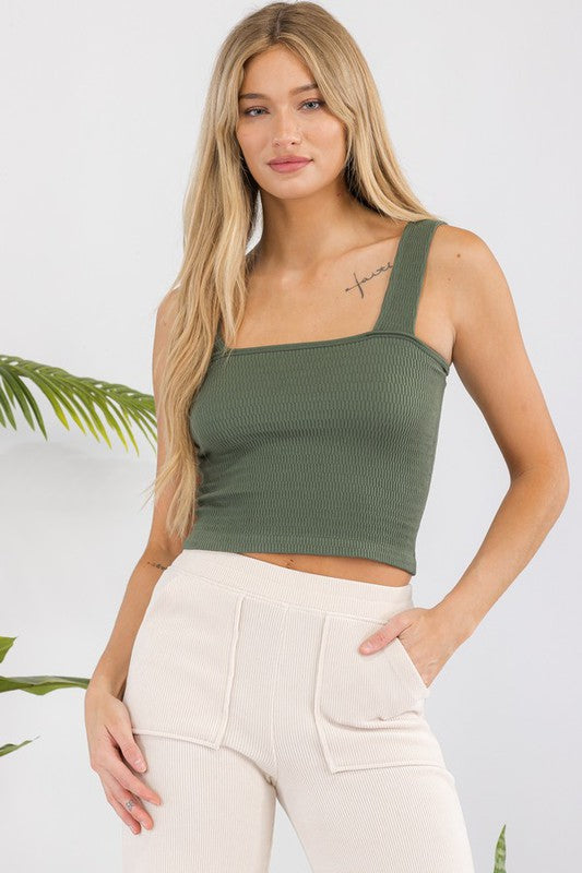 Women Seamless Wide Shoulder Straps Square Textured Crop Tank Zarnesh