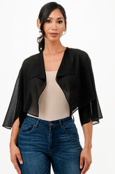 Women’s Sheer Chiffon Bolero 3/4 Sleeve Cascading Front Shrug | Zarnesh