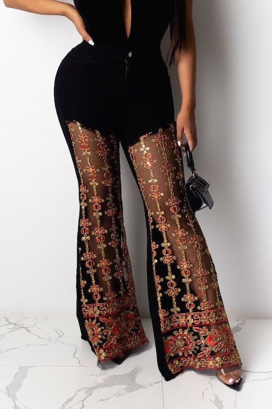Women’s Sheer Embroidered Flare Pants Mesh Bell Bottoms | Zarnesh