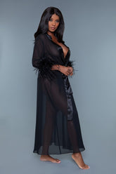 Women’s Sheer Satin Feather Trim Maxi Robe | Zarnesh