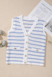 Women's Sky Blue Striped V Neck Button Knit Vest | Zarnesh
