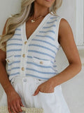 Women's Sky Blue Striped V Neck Button Knit Vest | Zarnesh