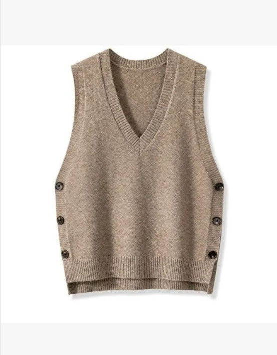 Women's Sleeveless V-Neck Both Side Botton Knit Vest | Zarnesh