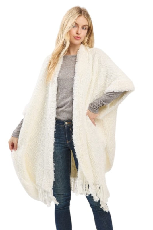 Women’s Soft Boucle Knit Fringe Poncho Shawl Scarf | Zarnesh