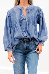 Women’s Solid Denim Pleated Bow Tie Puff Sleeve Top | Zarnesh