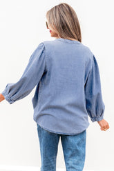 Women’s Solid Denim Pleated Bow Tie Puff Sleeve Top | Zarnesh