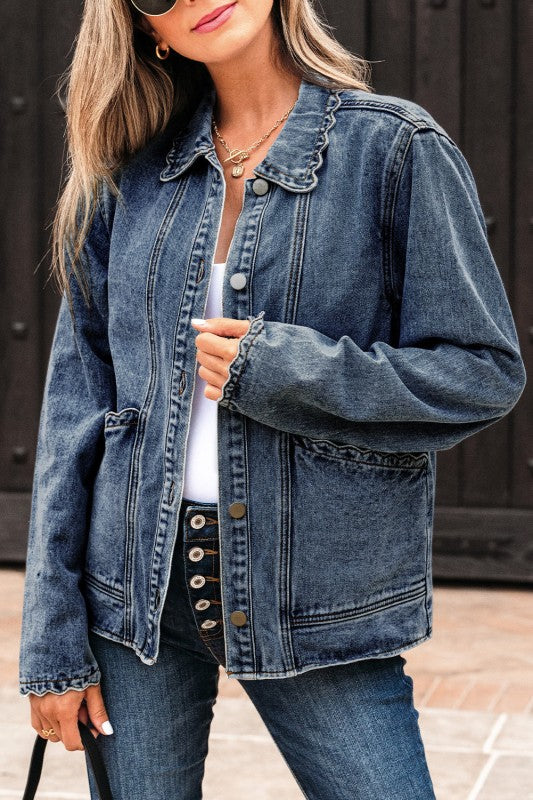 Women’s Solid Denim Wash Button Down Scallop Buttoned Jacket | Zarnesh