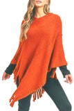 Women’s Solid Knit Fringe Poncho Shawl Sweater Wrap | Zarnesh