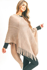 Women’s Solid Knit Fringe Poncho Shawl Sweater Wrap | Zarnesh