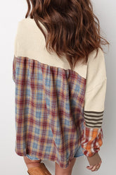 Women’s Stripe Plaid Patchwork Waffle Knit Henley Top | Zarnesh