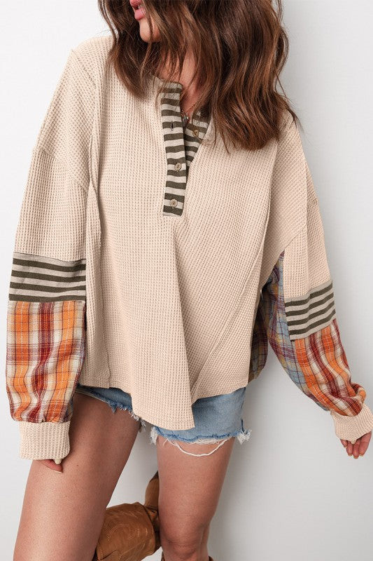 Women’s Stripe Plaid Patchwork Henley Knit Sweatshirts | Zarnesh