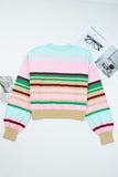 Women’s Stripe Ribbed Trim Crewneck Cropped Pullover Sweater | Zarnesh