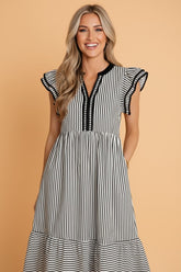 Women’s Stripe V-Neck Double Ruffled Short Sleeve Midi Dress | Zarnesh