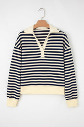 Women’s Striped Collared V-Neck Pullover Long Sleeve Top | Zarnesh