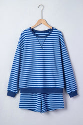 Women’s Striped Oversized Long Sleeve Pullover Top & Short Set | Zarnesh