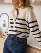 Women’s Striped Pullover Button-Up Sweater | Zarnesh