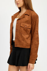 Women’s Suede Button-Up Cropped Coat Pockets Jacket | Zarnesh