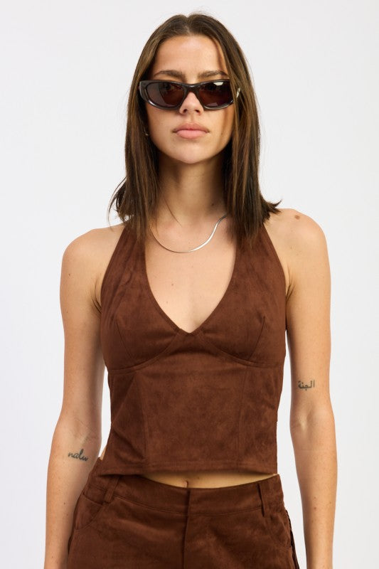 Women’s Suede Halter With Back Zipper Top | Zarnesh