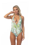 Women’s Tropical Print One-Piece V-Neck Halter Swimsuit | Zarnesh