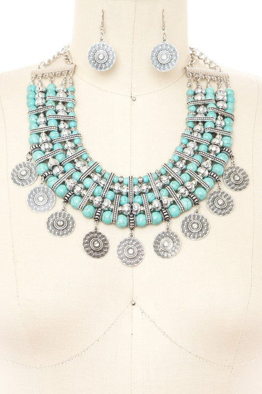 Women’s Turquoise Beads Statement Boho Bib Necklace Set | Zarnesh
