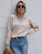 Women’s V-Neck Floral Pink Rose Sweater | Zarnesh