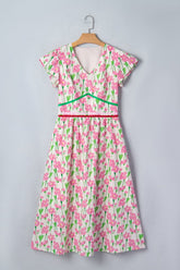 Women’s V-Neck Floral Short Flutter Sleeve Midi Dress | Zarnesh