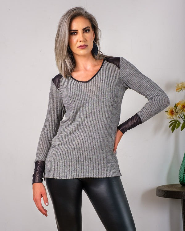 Women’s V-Neck Sweatshirt with Faux Leather | Zarnesh