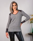Women’s V-Neck Sweatshirt with Faux Leather | Zarnesh