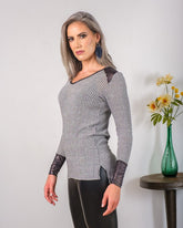 Women’s V-Neck Sweatshirt with Faux Leather | Zarnesh