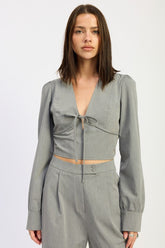 Women’s V-Neck Tie Front Blouse Crop Top Long Sleeves | Zarnesh