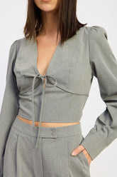 Women’s V-Neck Tie Front Blouse Crop Top Long Sleeves | Zarnesh