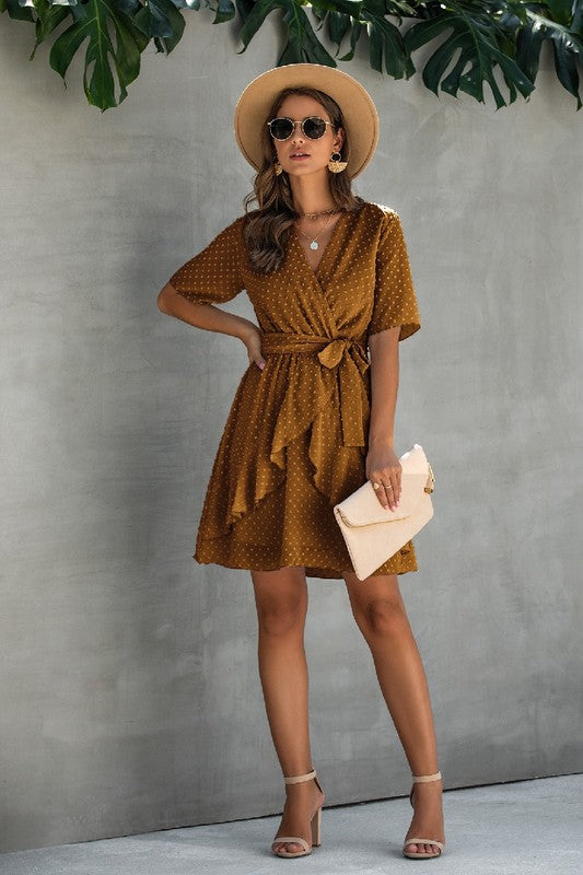 Women’s V Neck Polka Dot Short Sleeve Ruffled Hem Wrap Dress | Zarnesh