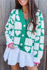 Women’s Valentines Heart Checkered Button V-Neck Cardigan | Zarnesh