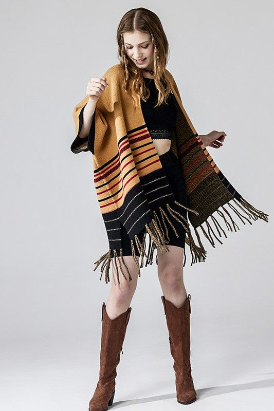 Women’s Western Ruana Fringe Striped Poncho Cardigan | Zarnesh