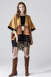 Women’s Western Ruana Fringe Striped Poncho Cardigan | Zarnesh