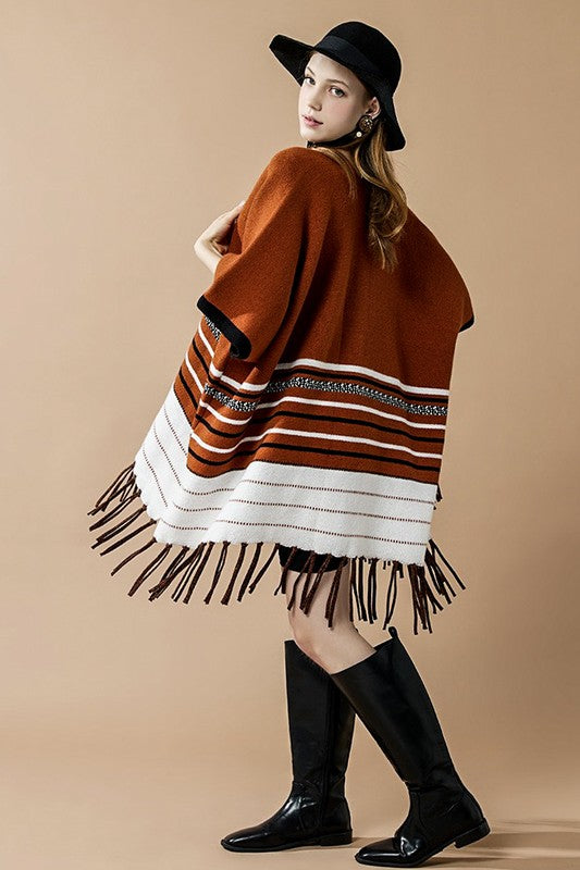 Women’s Western Ruana Fringe Striped Poncho Cardigan | Zarnesh
