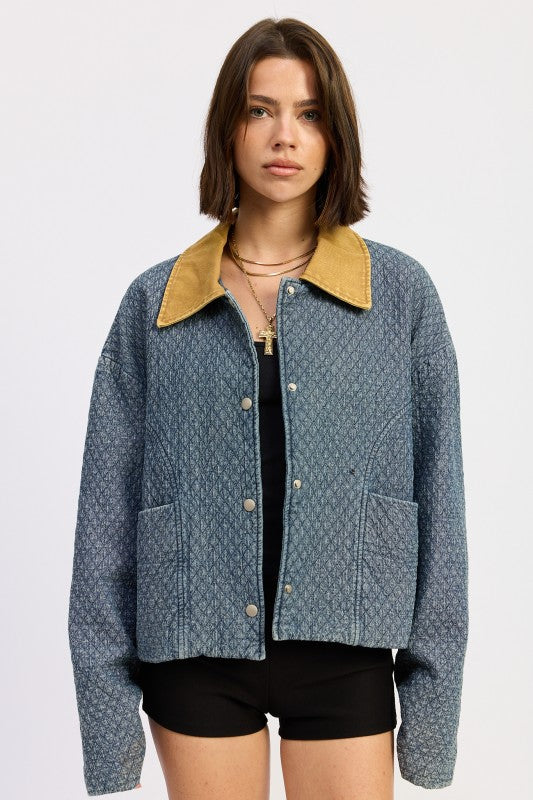 Women’s Wool Tweed Quilted Contrast Collar Snap Jacket | Zarnesh