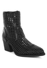 Women's Woven Pleather Block Heel Ankle Boots | Zarnesh