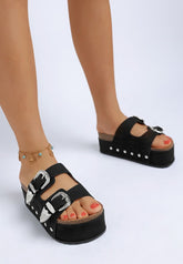 Women’s Zaphod Double Buckle Faux Leather Flatform Slip Ons | Zarnesh