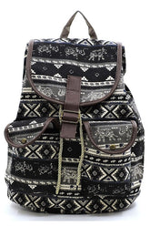 Womens Faux Leather Tribal Printed Canvas Drawstring Backpack Zarnesh