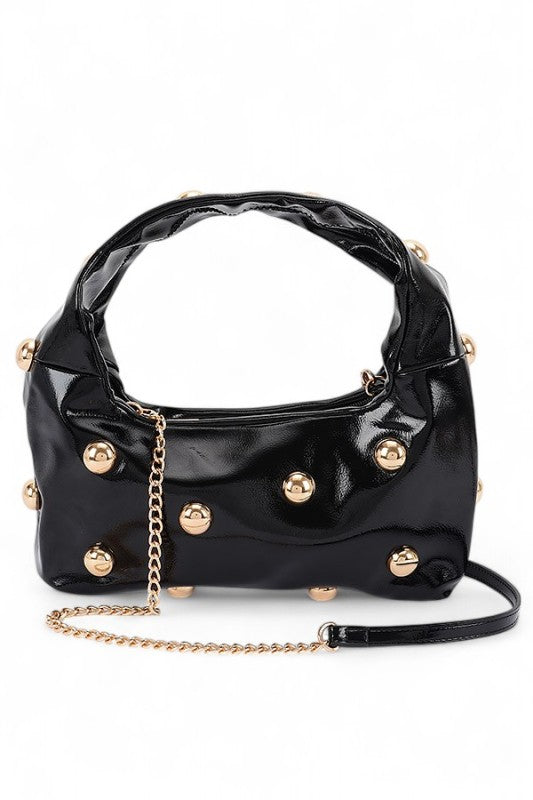 Womens Metal Studded Top Hangle Patent Faux Leather Bag Zarnesh